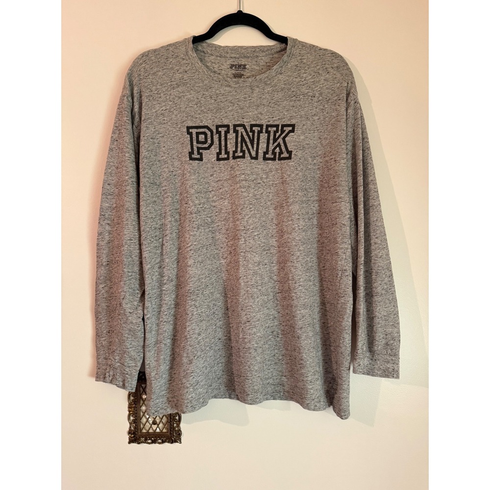 Victoria's Secret PINK Long Sleeve Graphic T-Shirt Heather Gray Cotton Medium